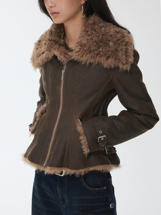 Vintage Washed Cracked Large Fur Integrated Cropped Collar Lapel Coat【s0000014561】