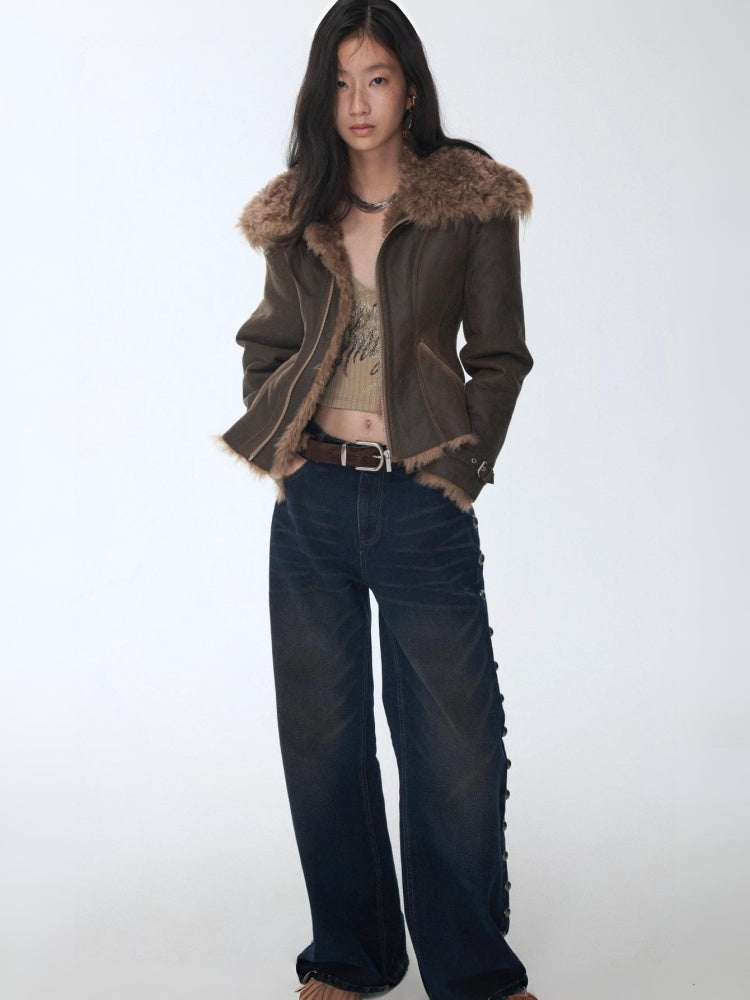 Vintage Washed Cracked Large Fur Integrated Cropped Collar Lapel Coat【s0000014561】