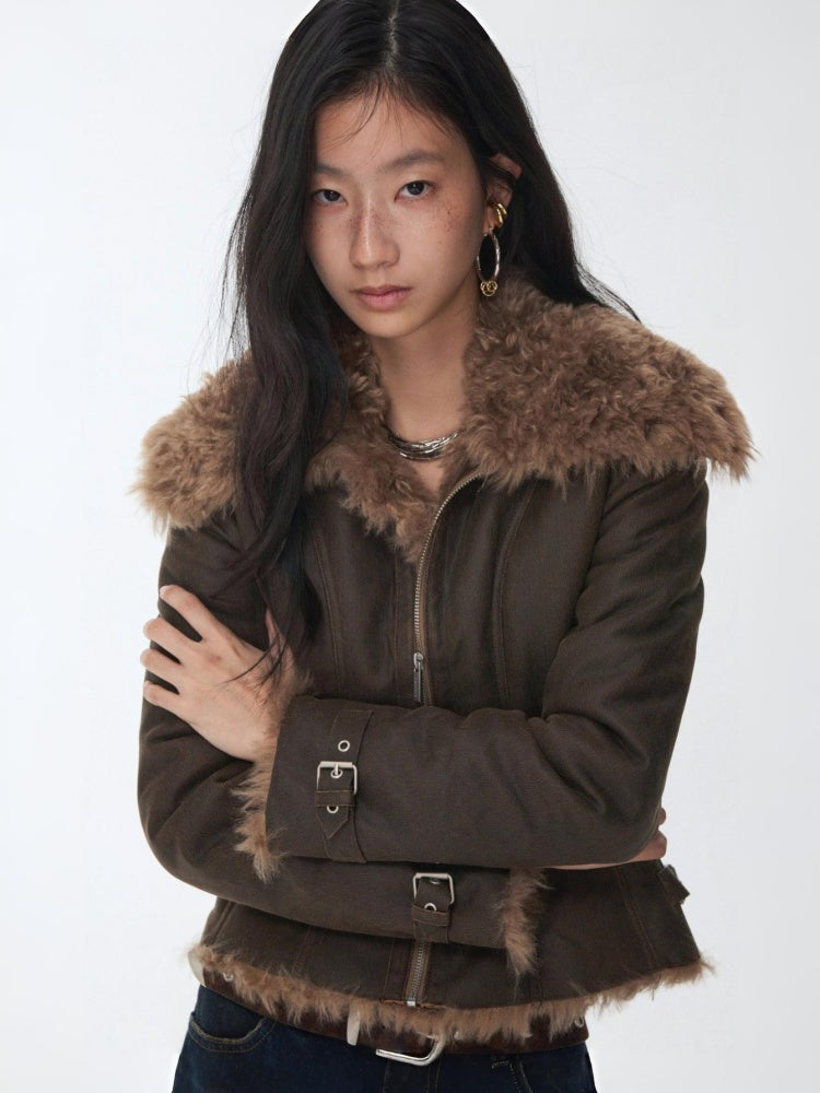 Vintage Washed Cracked Large Fur Integrated Cropped Collar Lapel Coat【s0000014561】