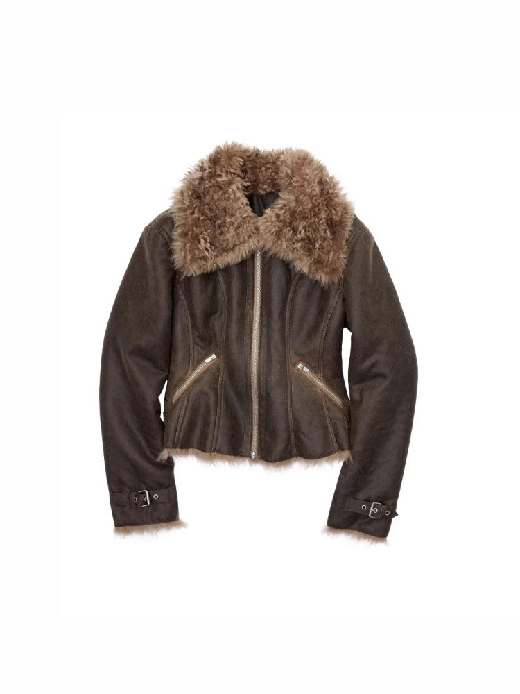 Vintage Washed Cracked Large Fur Integrated Cropped Collar Lapel Coat【s0000014561】