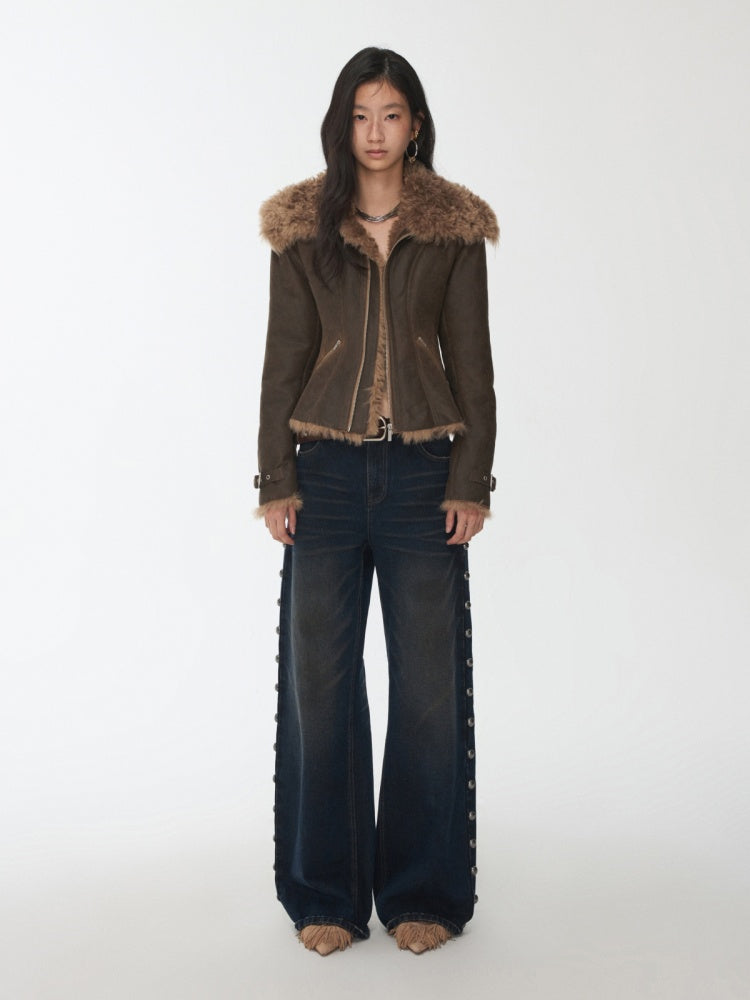 Vintage Washed Cracked Large Fur Integrated Cropped Collar Lapel Coat【s0000014561】