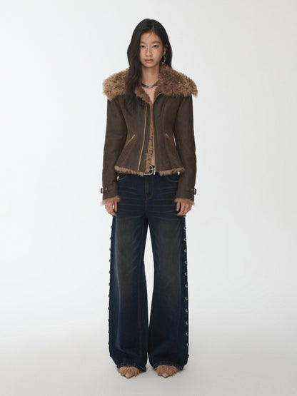 Vintage Washed Cracked Large Fur Integrated Cropped Collar Lapel Coat【s0000014561】