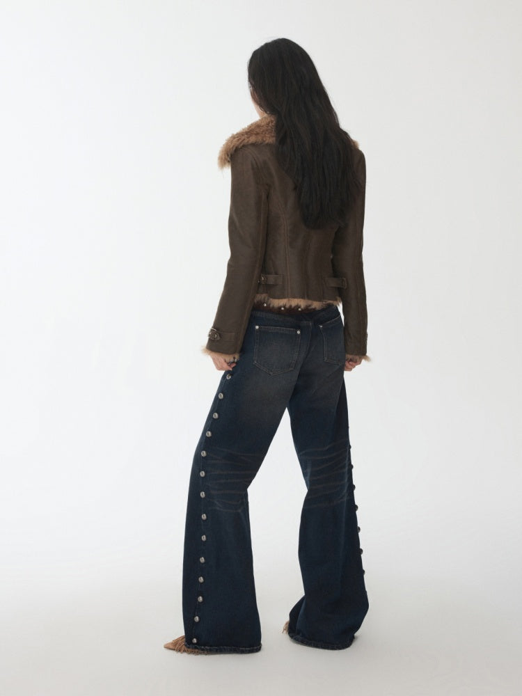 Vintage Washed Cracked Large Fur Integrated Cropped Collar Lapel Coat【s0000014561】