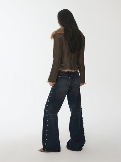 Vintage Washed Cracked Large Fur Integrated Cropped Collar Lapel Coat【s0000014561】