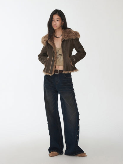 Vintage Washed Cracked Large Fur Integrated Cropped Collar Lapel Coat【s0000014561】