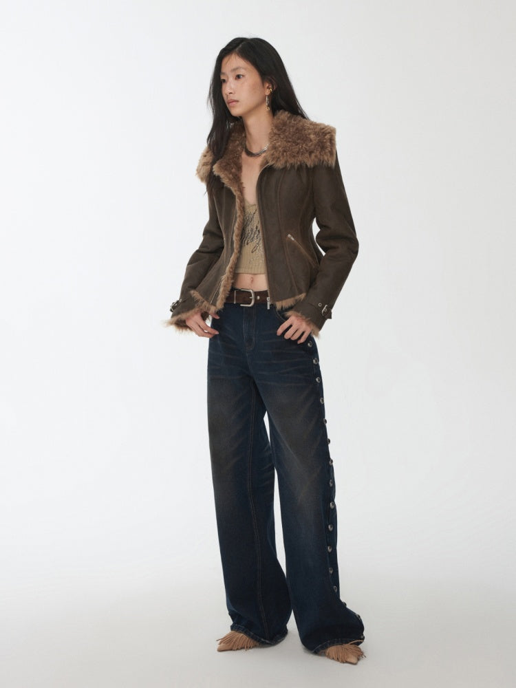 Vintage Washed Cracked Large Fur Integrated Cropped Collar Lapel Coat【s0000014561】