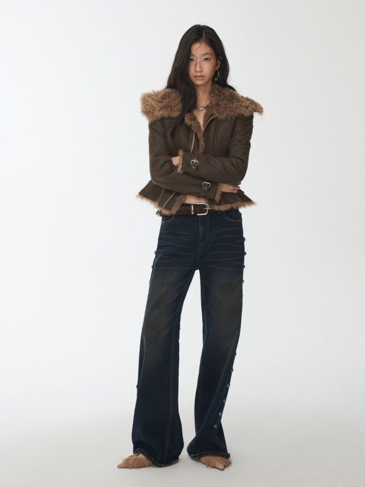 Vintage Washed Cracked Large Fur Integrated Cropped Collar Lapel Coat【s0000014561】