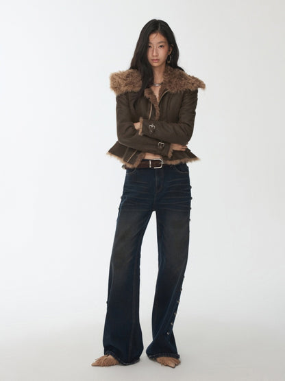 Vintage Washed Cracked Large Fur Integrated Cropped Collar Lapel Coat【s0000014561】