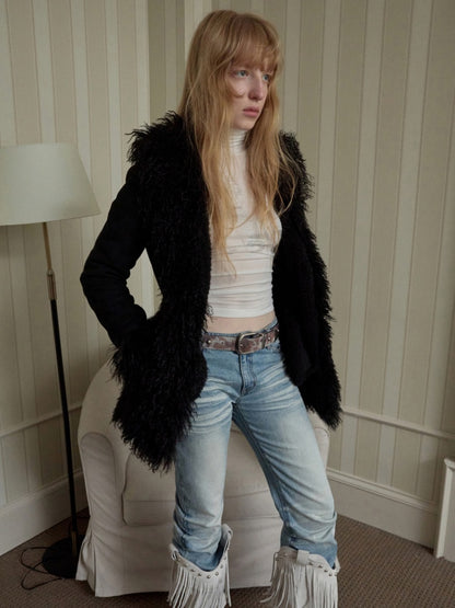 Vintage Beach Wool Embroidered Patchwork Fur Integrated Suede Slim Coat【s0000014562】