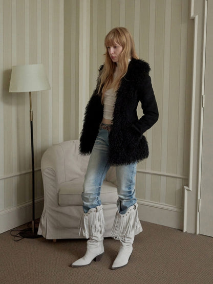 Vintage Beach Wool Embroidered Patchwork Fur Integrated Suede Slim Coat【s0000014562】