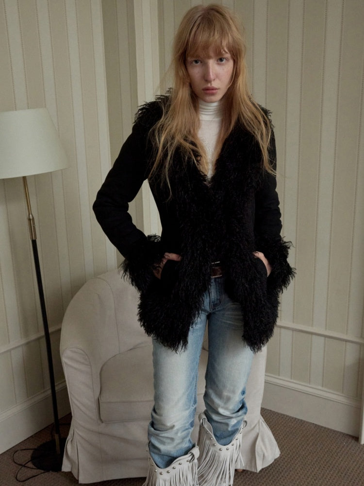 Vintage Beach Wool Embroidered Patchwork Fur Integrated Suede Slim Coat【s0000014562】