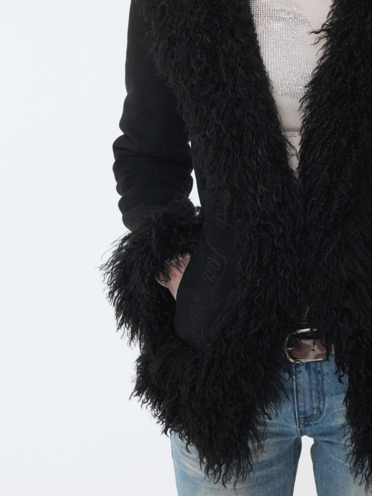 Vintage Beach Wool Embroidered Patchwork Fur Integrated Suede Slim Coat【s0000014562】