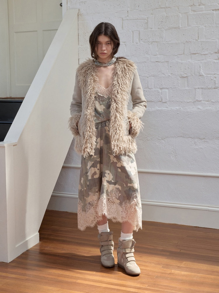 Vintage Beach Wool Embroidered Patchwork Fur Integrated Suede Slim Coat【s0000014562】