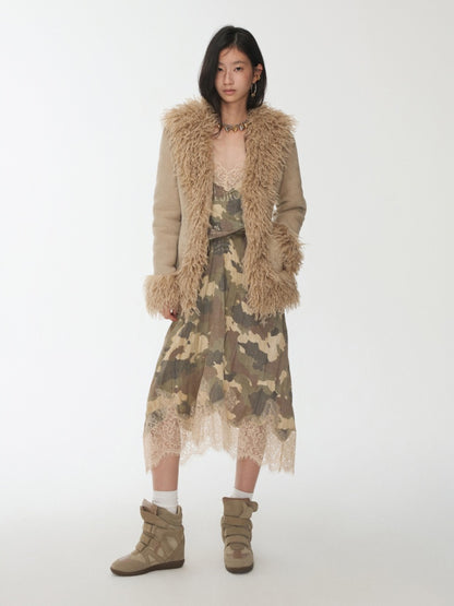 Vintage Beach Wool Embroidered Patchwork Fur Integrated Suede Slim Coat【s0000014562】
