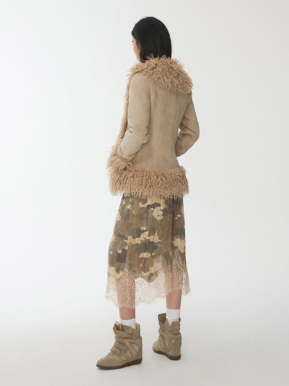 Vintage Beach Wool Embroidered Patchwork Fur Integrated Suede Slim Coat【s0000014562】