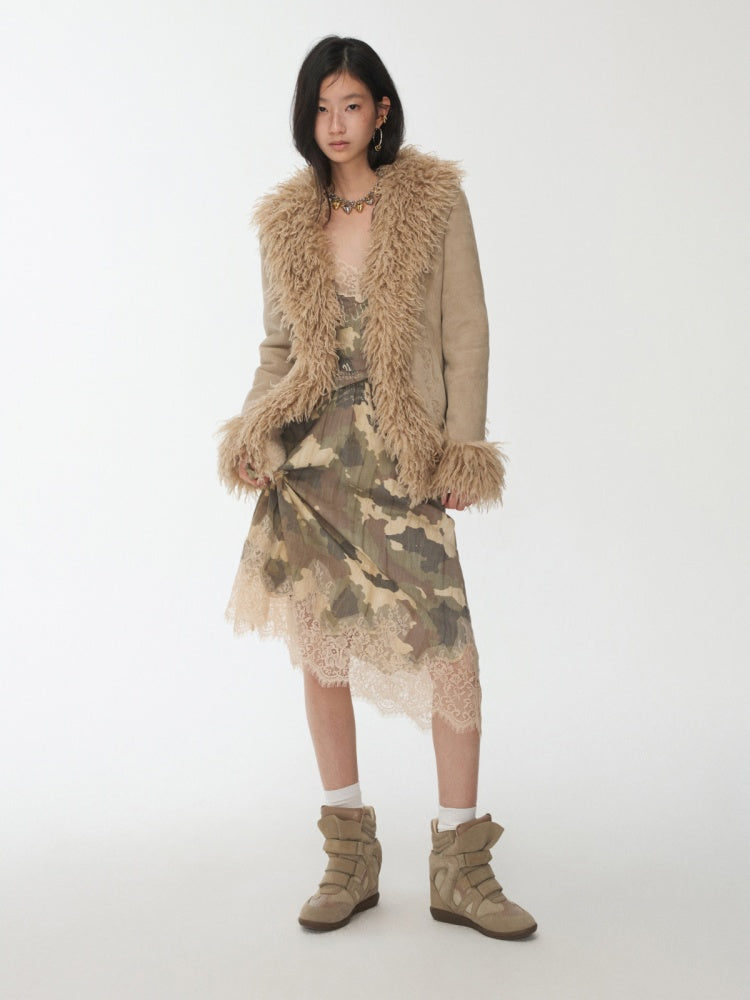 Vintage Beach Wool Embroidered Patchwork Fur Integrated Suede Slim Coat【s0000014562】
