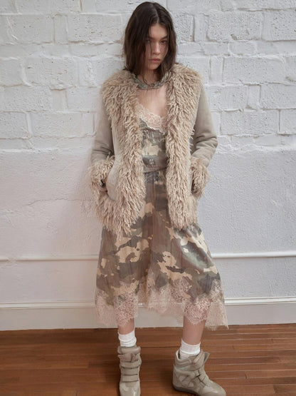 Vintage Beach Wool Embroidered Patchwork Fur Integrated Suede Slim Coat【s0000014562】