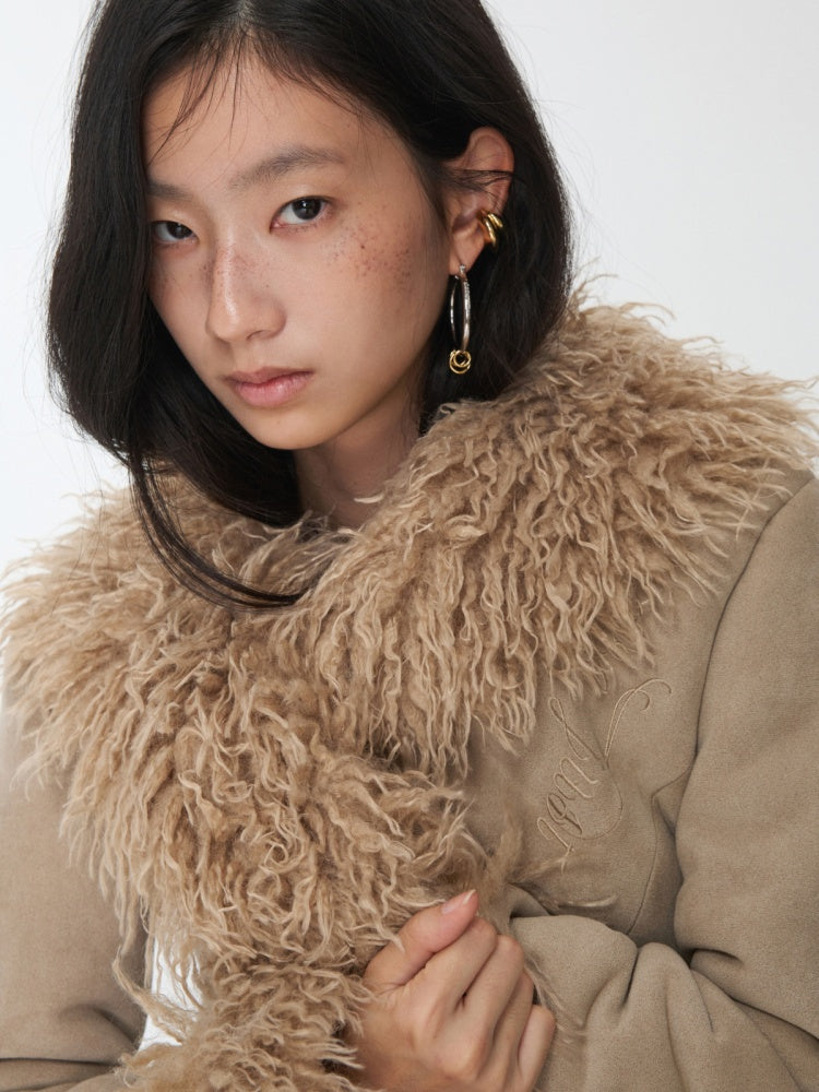 Vintage Beach Wool Embroidered Patchwork Fur Integrated Suede Slim Coat【s0000014562】