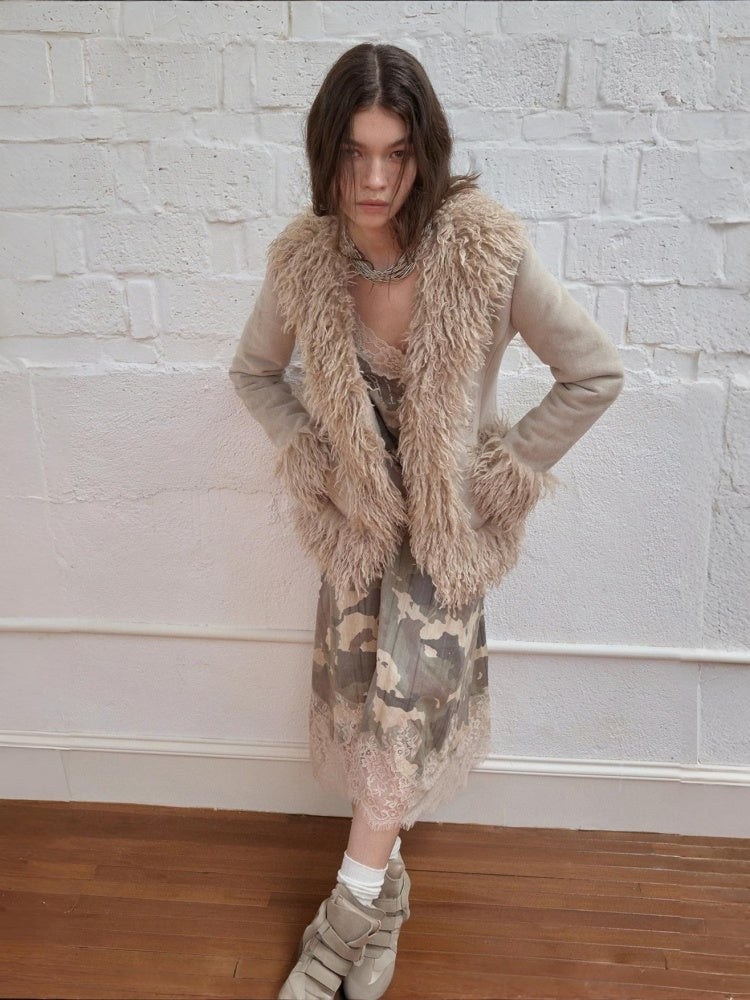 Vintage Beach Wool Embroidered Patchwork Fur Integrated Suede Slim Coat【s0000014562】