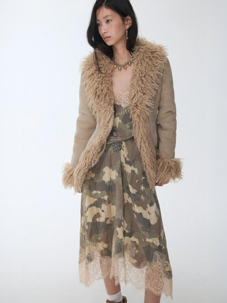 Vintage Beach Wool Embroidered Patchwork Fur Integrated Suede Slim Coat【s0000014562】