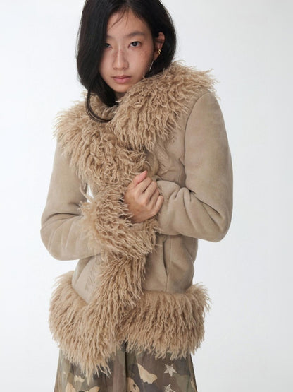 Vintage Beach Wool Embroidered Patchwork Fur Integrated Suede Slim Coat【s0000014562】