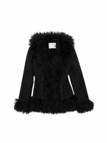 Vintage Beach Wool Embroidered Patchwork Fur Integrated Suede Slim Coat【s0000014562】