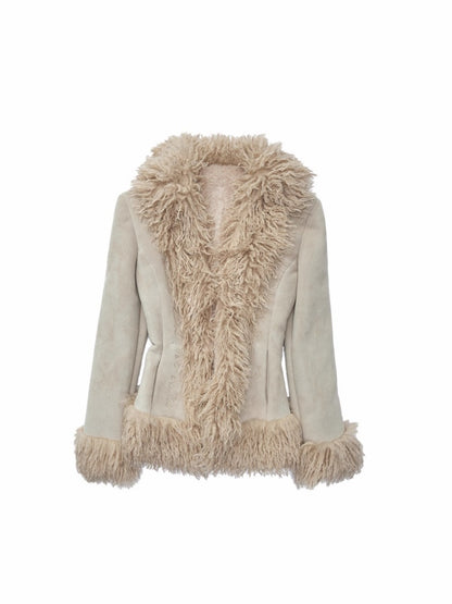 Vintage Beach Wool Embroidered Patchwork Fur Integrated Suede Slim Coat【s0000014562】