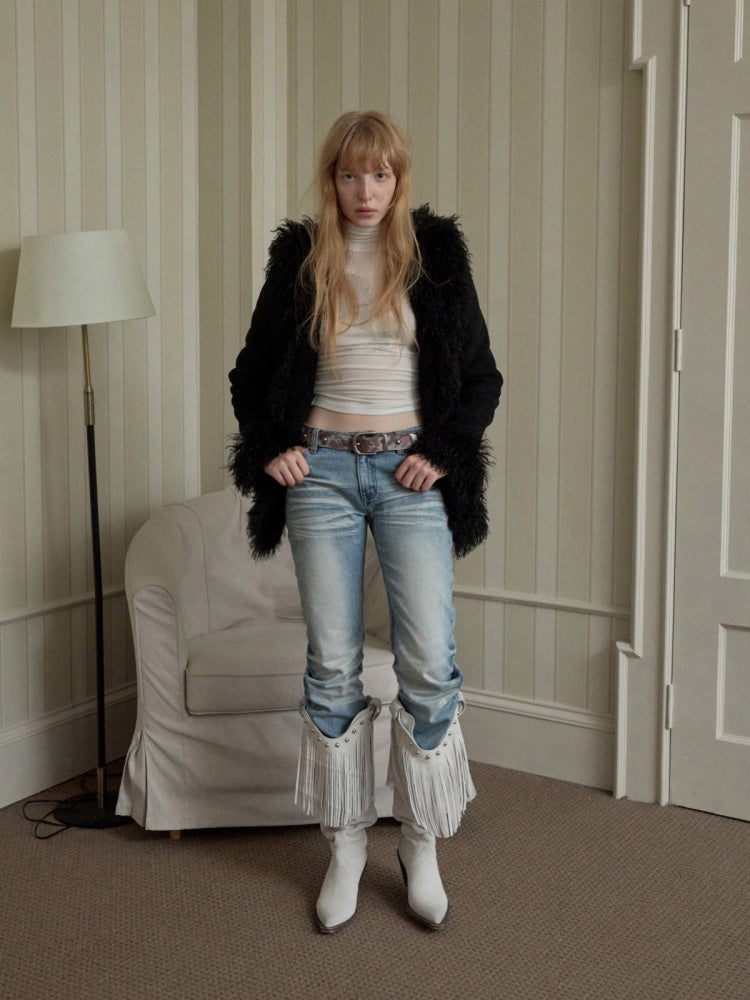 Vintage Beach Wool Embroidered Patchwork Fur Integrated Suede Slim Coat【s0000014562】