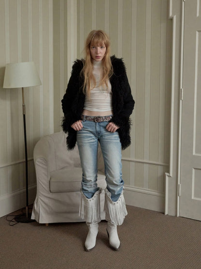 Vintage Beach Wool Embroidered Patchwork Fur Integrated Suede Slim Coat【s0000014562】