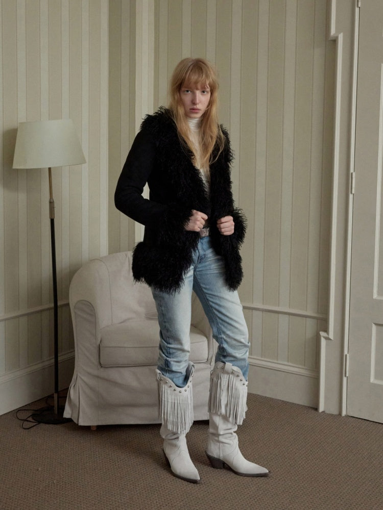 Vintage Beach Wool Embroidered Patchwork Fur Integrated Suede Slim Coat【s0000014562】