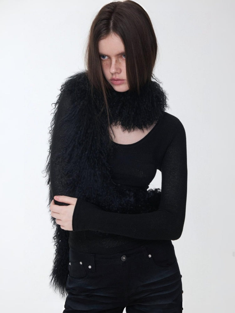 Vintage Gradient Black Beach Real Wool Long Scarf Fur Collar【s0000014563】