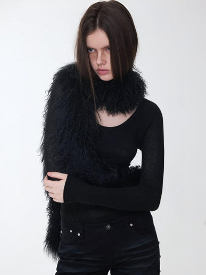 Vintage Gradient Black Beach Real Wool Long Scarf Fur Collar【s0000014563】