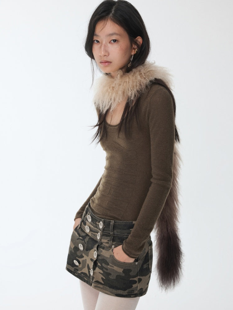 Vintage Gradient Black Beach Real Wool Long Scarf Fur Collar【s0000014563】