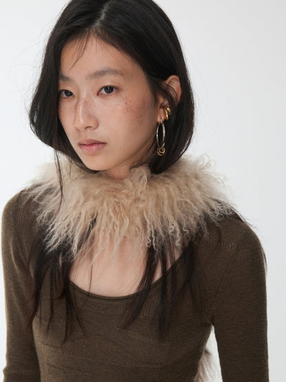 Vintage Gradient Black Beach Real Wool Long Scarf Fur Collar【s0000014563】