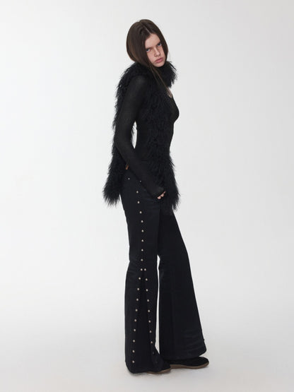 Vintage Gradient Black Beach Real Wool Long Scarf Fur Collar【s0000014563】