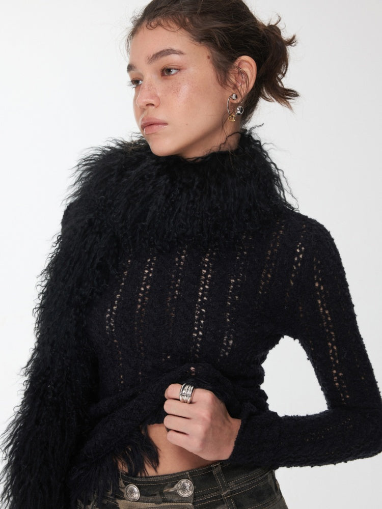 Vintage Gradient Black Beach Real Wool Long Scarf Fur Collar【s0000014563】