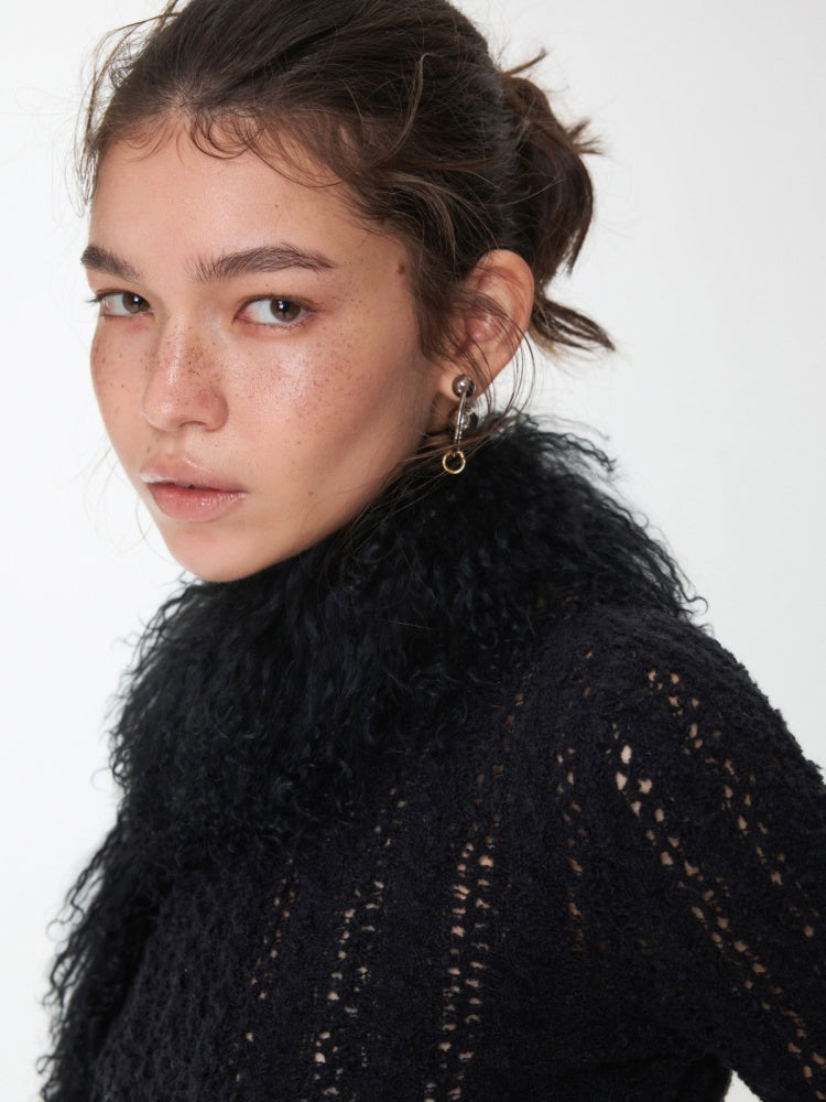 Vintage Gradient Black Beach Real Wool Long Scarf Fur Collar【s0000014563】