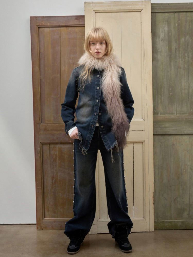 Vintage Gradient Black Beach Real Wool Long Scarf Fur Collar【s0000014563】