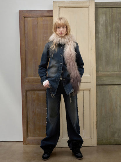 Vintage Gradient Black Beach Real Wool Long Scarf Fur Collar【s0000014563】