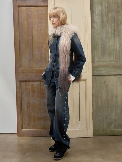 Vintage Gradient Black Beach Real Wool Long Scarf Fur Collar【s0000014563】