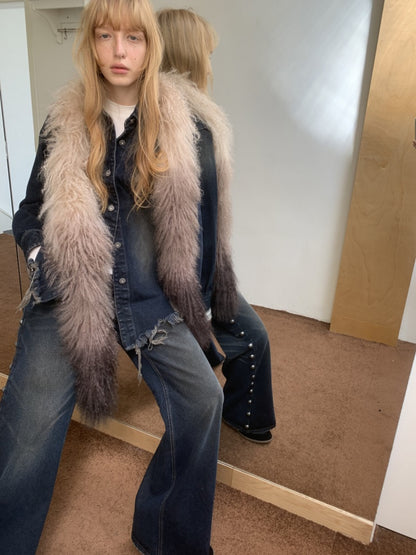 Vintage Gradient Black Beach Real Wool Long Scarf Fur Collar【s0000014563】