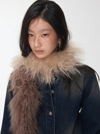 Vintage Gradient Black Beach Real Wool Long Scarf Fur Collar【s0000014563】