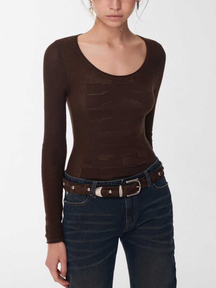 Knight Wool Jacquard Openwork Knit Base Bottoming Round Neck Slimming Top【s0000014565】