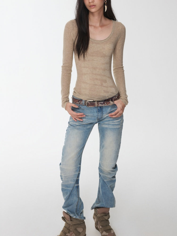 Knight Wool Jacquard Openwork Knit Base Bottoming Round Neck Slimming Top【s0000014565】