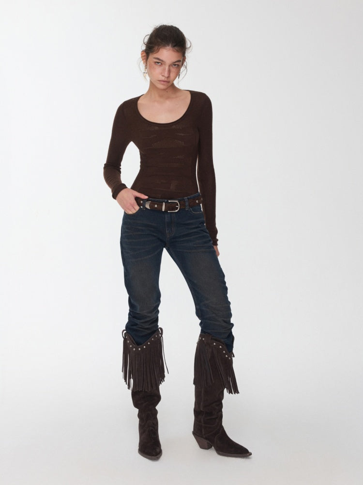 Knight Wool Jacquard Openwork Knit Base Bottoming Round Neck Slimming Top【s0000014565】