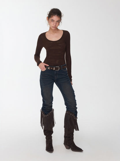 Knight Wool Jacquard Openwork Knit Base Bottoming Round Neck Slimming Top【s0000014565】