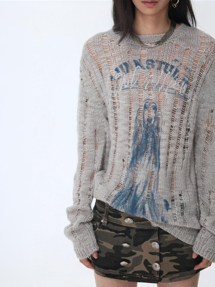 Icelandic Furry Animal Print Cut-Out Sweater Lazy Crew Neck Loose Knit Top【s0000014566】