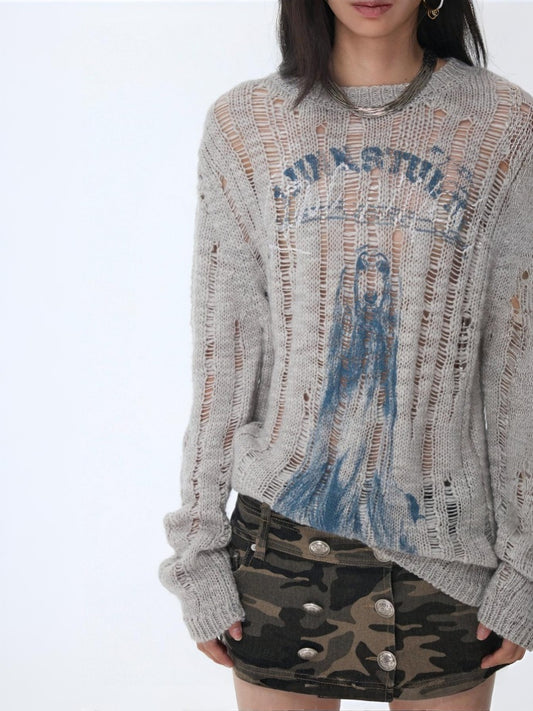 Icelandic Furry Animal Print Cut-Out Sweater Lazy Crew Neck Loose Knit Top【s0000014566】