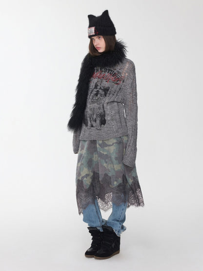 Icelandic Furry Animal Print Cut-Out Sweater Lazy Crew Neck Loose Knit Top【s0000014566】