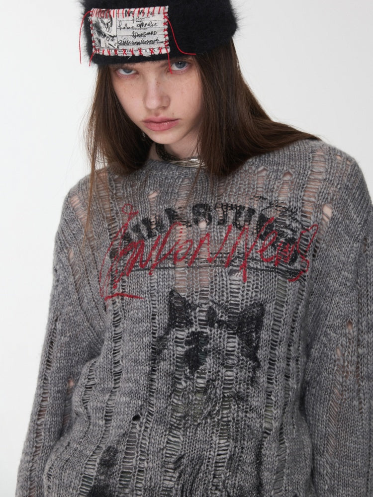 Icelandic Furry Animal Print Cut-Out Sweater Lazy Crew Neck Loose Knit Top【s0000014566】